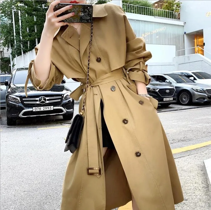 Women 's Trench Coat Mid -length 2021 New Korean Style Elegant Fashion Casual Spring and Autumn Khaki Long Double Breasted Full