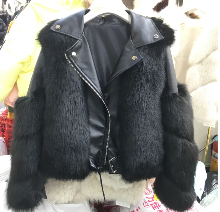 Меховая куртка Wonen, новая зимняя куртка из искусственного лисьего меха с длинным рукавом на молнии, Короткая Меховая куртка с локомотивом, Женское пальто высокого качества - Цвет: Черный