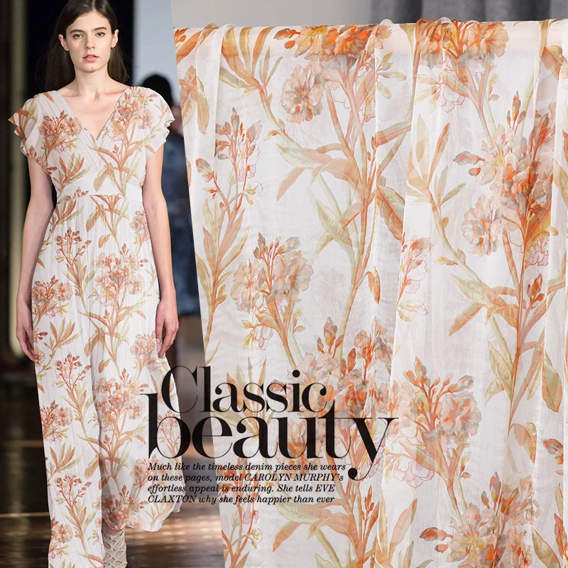The Cloth Orange Flower Printed Crinkle Chiffon 100% Silk Materials Summer Dress DIY clothes fabrics Freeshipping | Дом и сад
