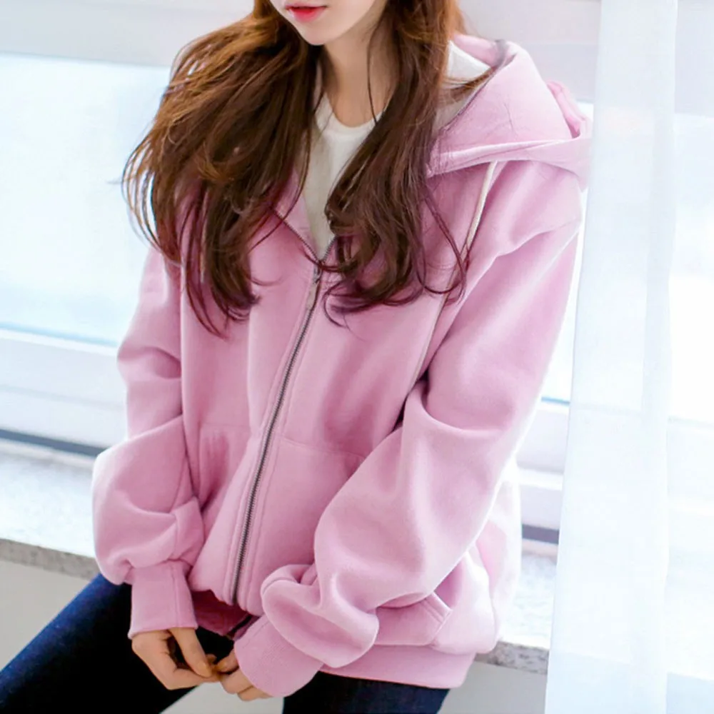 

New Jacket Women Hooded Fleece Long Sleeve Loose Casual Zip Pockets Solid Jacket Coat