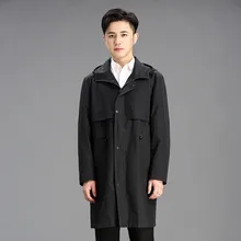 Мужской Тренч с капюшоном, весна-осень, мужская верхняя одежда, черное повседневное пальто с капюшоном на молнии, эластичный пояс, деловой Тренч, верхняя одежда