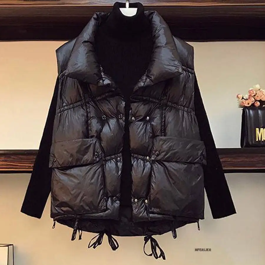 Size 6XL 150kg Autumn Winter Women Black Vest Stand Collar Long Vest Jacket Cotton Padded Women Windproof Warm Waistcoat parka jacket women