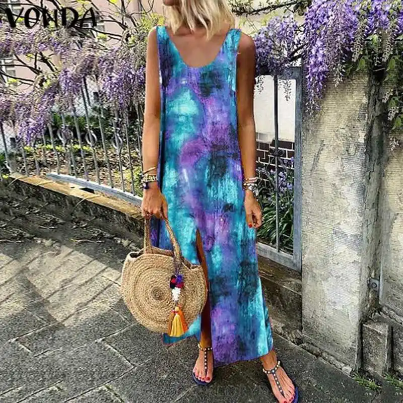

Bohemian Vintage Printed Maxi Long Dress Summer Dress Beach Sundress Plus Size VONDA 2020 Female Casual Loose Vestdiso S-5XL