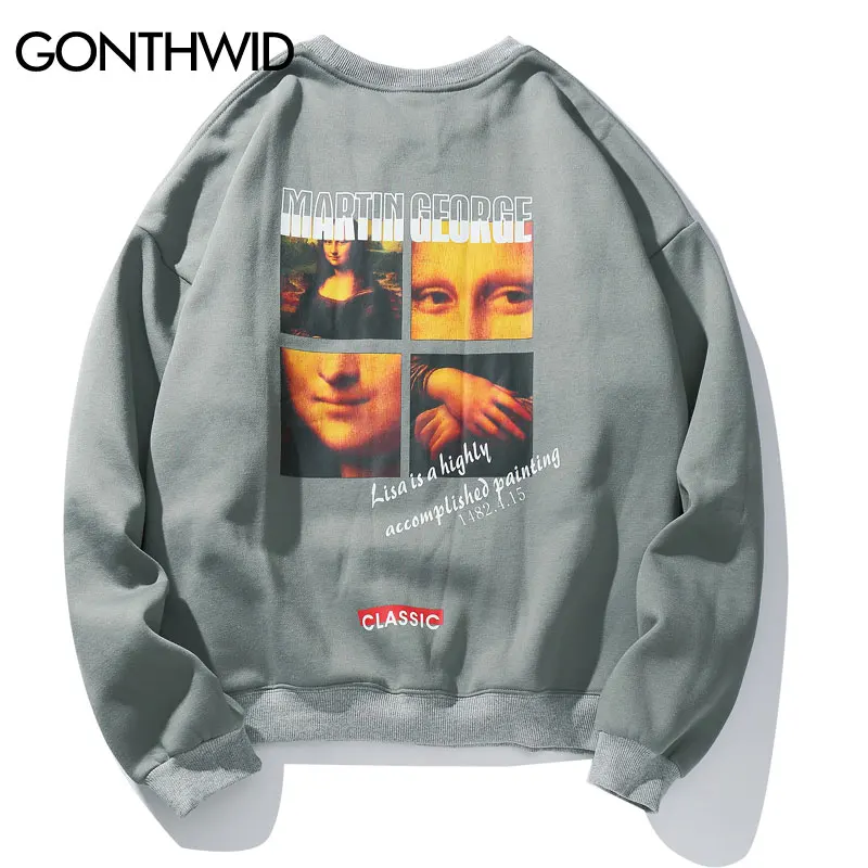 GONTHWID Mona Lisa/пуловер с начёсом Толстовка для мужчин Harajuku Повседневная Хип Хоп модная Толстовка уличная Толстовка Топы
