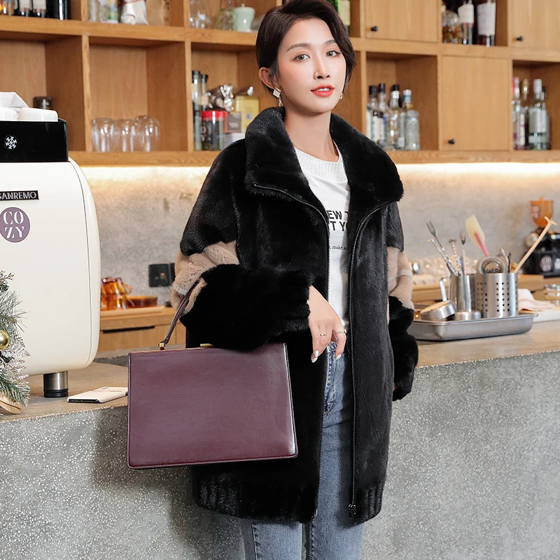 New Winter Women's whole import velvet mink fur coat jacket outwear - Цвет: black