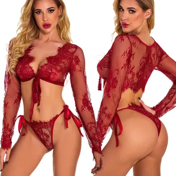 

Lingerie Set Women Lace Bandage Top Thong G-Tring Set Cardigan Blouse Lingerie Set Intimates lenceria комплект нижнего белья 40N