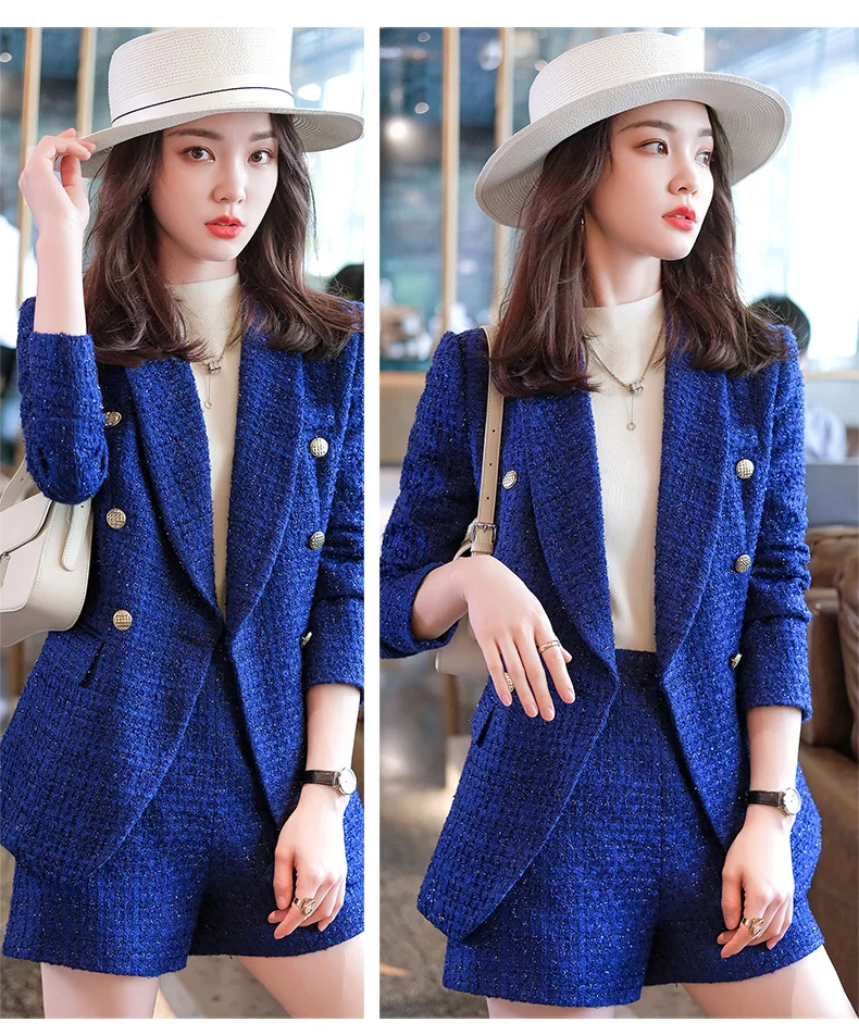 Boliyae Suit with Shorts for Women Spring and Autumn New Plaid Tweed Long Sleeve Blazer Sets Fashion Double Breasted Jacket Tops lounge sets