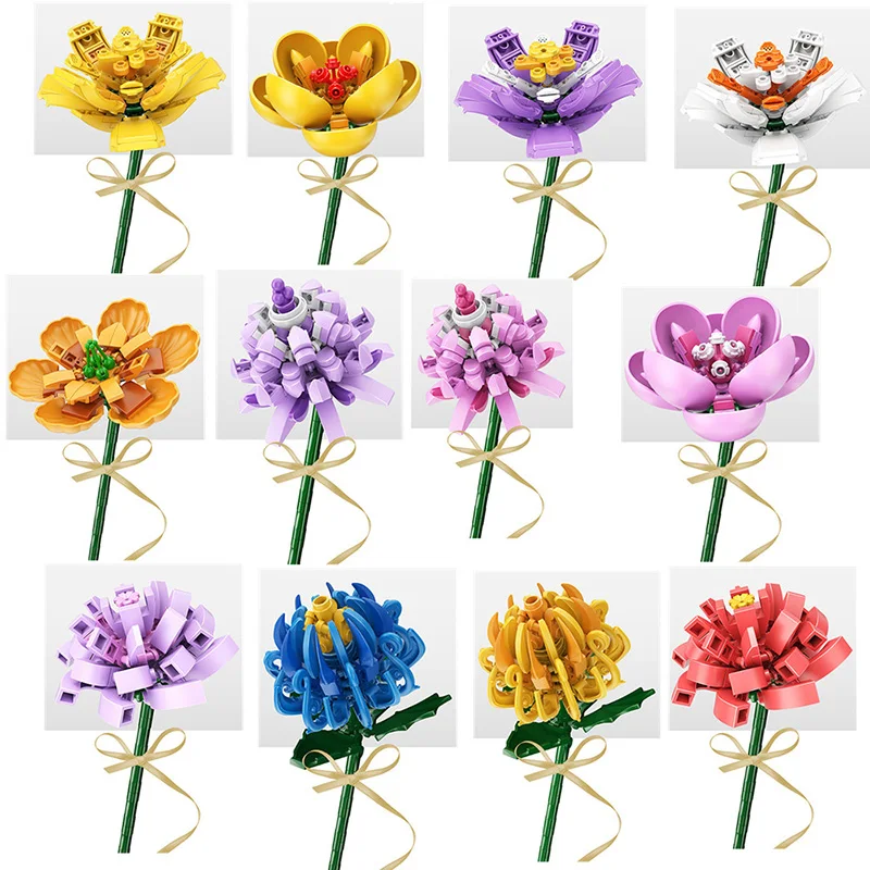 

Single Flowers Bouquets Series Camellia Michelia Saffron Hibiscus Bonsai Building Blocks MOC Plants Model Bricks Kids DIY Toys