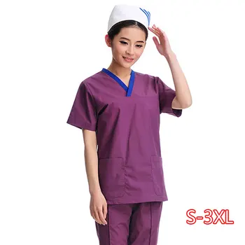 

High Quality Women's Medical Uniforms Scrub TOP Short Sleeved V-neck Color Blocking Top Surgery Pharmacy Clothes (juat A Top)