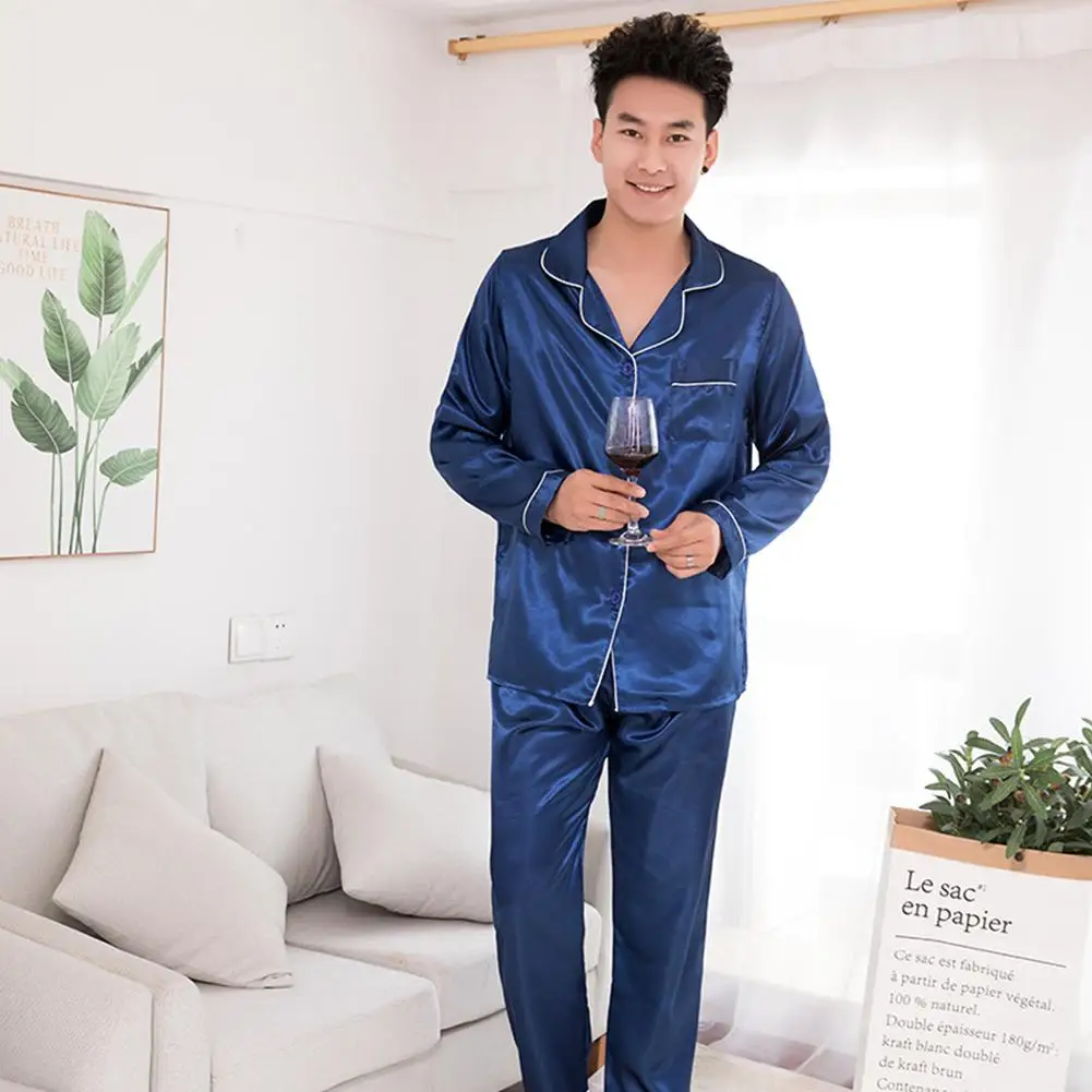 Silk Satin Men Pajamas Set Fashion Sleepwear Couple Solid Color Long Sleeve Suit Casual Two-Piece Pyjama Autumn Elastic Homewear red silk pajamas