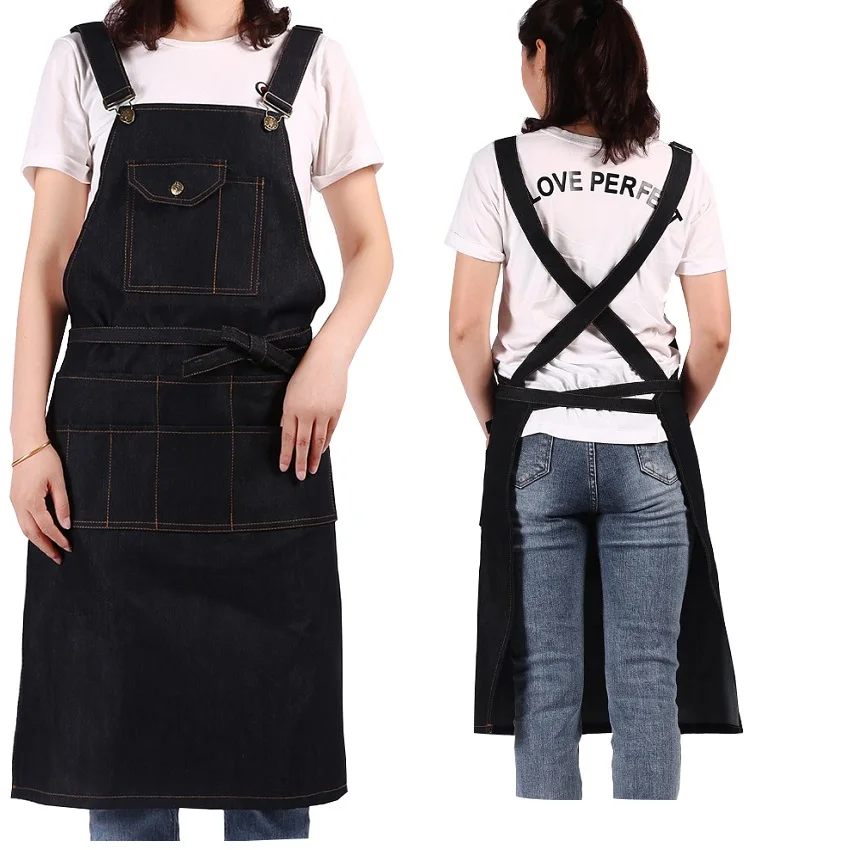 Fashion black Denim Apron for Chef kitchen Apron for woman men with Tool Pockets BBQ Adjustable M to XXL