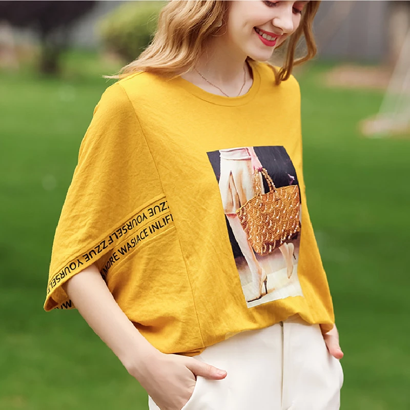 

2020 New Summer Women Cotton O-Neck Short Sleeve Solid Color Loose T-shirts Female Fashion Casual Printing Stitching Tops QX97