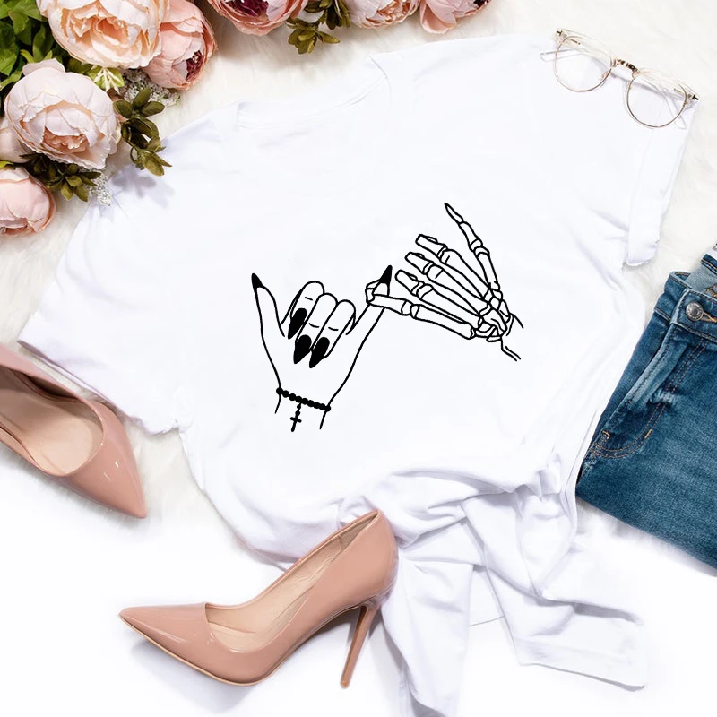 Pinky Promise Skeleton Hand T-shirt Funny Women Hipster Graphic Tee Top Aesthetic Gothic Halloween Tshirt Dropshipping | Женская одежда