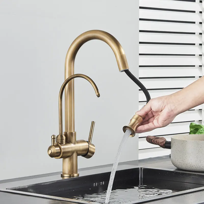 Hownifety Antique Brass Sensor Kitchen Faucets Cold Hot Water Filter Sink Mixer Crane Tap Pull Out Smart Touch Control Tapware ceramic kitchen sink