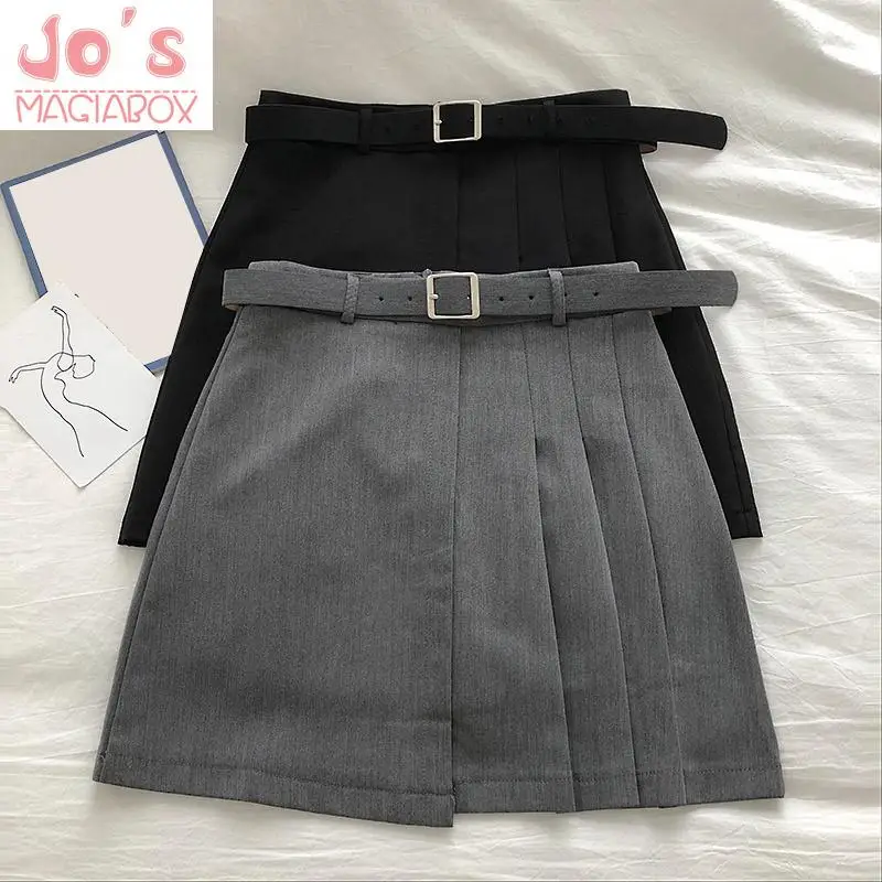 Korean Vintage Sashes Solid Women High Waist Mini A-Line Skirts Spring Casual Female Empire Pleated Above Knee | Женская одежда