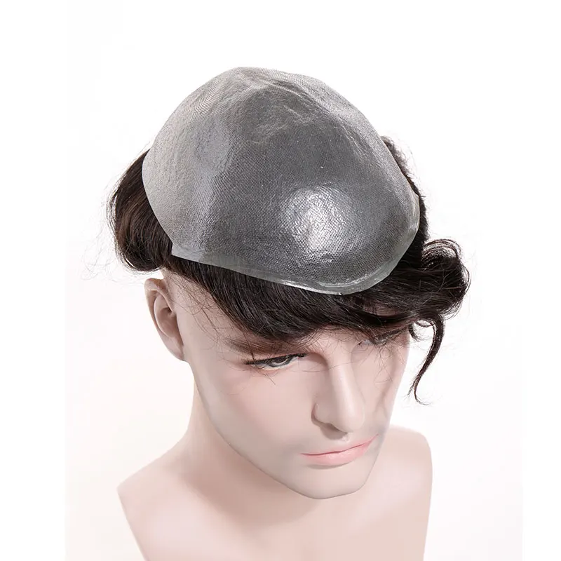 SEGO 8''X10'' Length 6inch PU Thin Skin Men Toupee Real Human Hair 3cm Wave Replacement System Wig for men Non-Remy Natural Hair