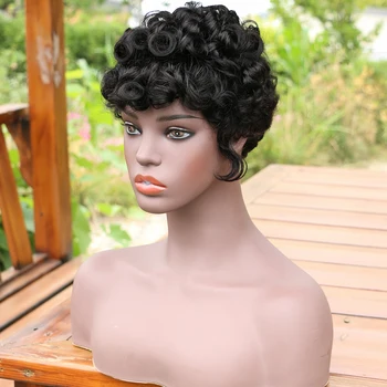 

Hairvev Full Machine Made Wig Peruvian Curly Wave Wig Human Hair Short Wig Colored Wig for Black Women Wig Making Sewing Machine