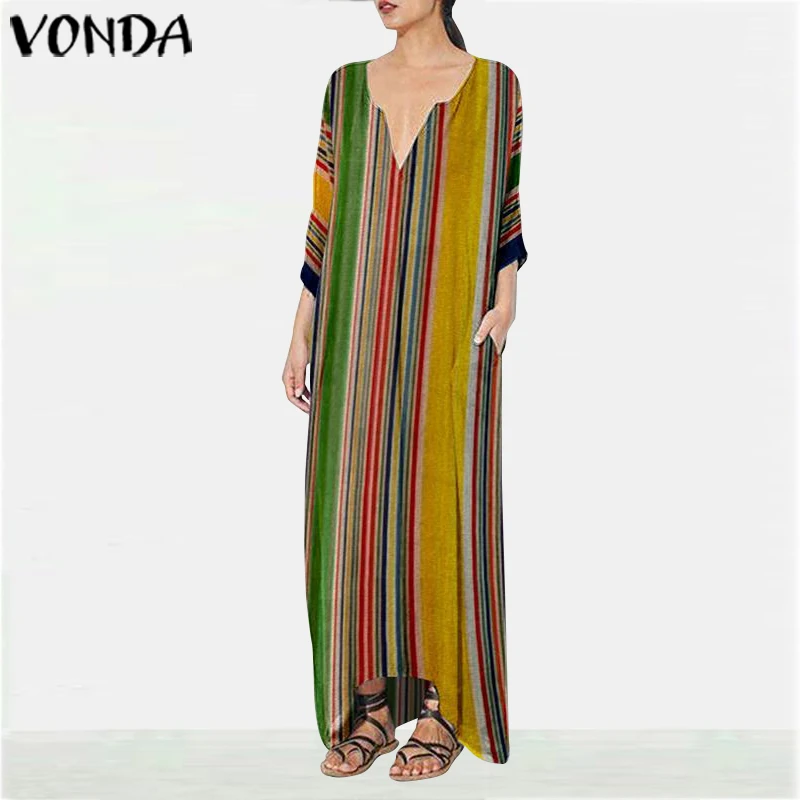 

VONDA Women Maxi Long Dress 2019 Spring Autumn V Neck 3/4 Sleeve Bohemian Striped Dress Plus Size Vestido Vintage Robe Femme