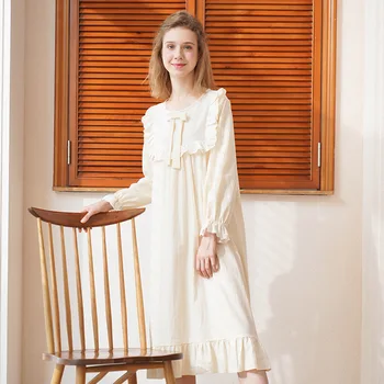 

Palace Princess Style Nightdress For Women Bow Ruffles Hem Loose Nightgowns Breathable Leisure Bathrobe Homewear For Female Lady