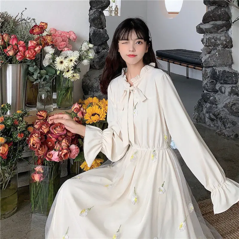 Long Sleeve Dress Women Patchwork Bow Collar Embroidery Elegant College Trendy Causal Holiday Ulzzang Empire Lovely Fall Apricot black dress
