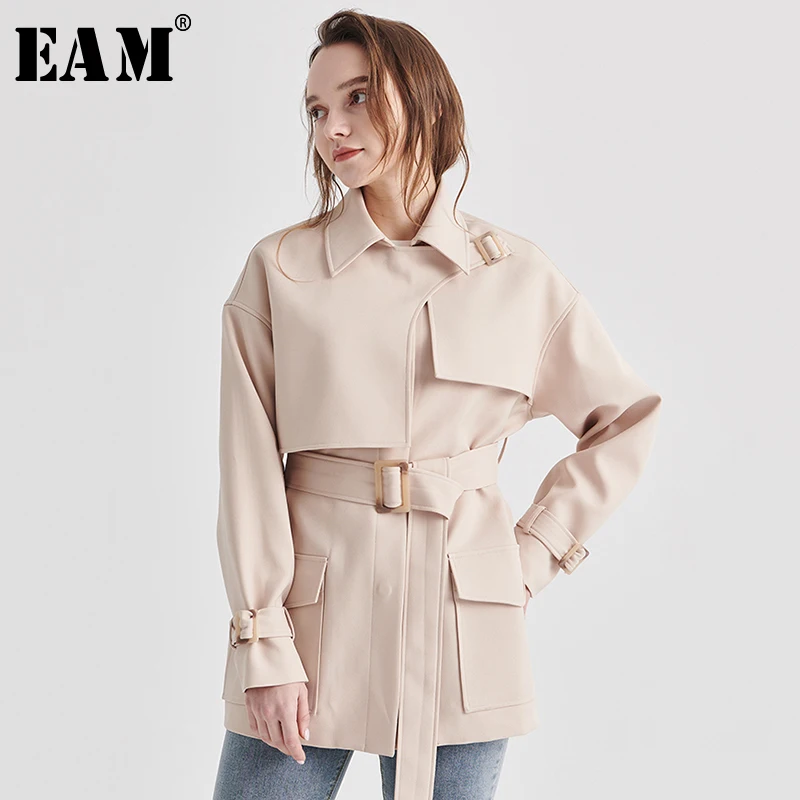 

[EAM] Loose Fit Bandage Apricot Temperament Big Size Jacket New Lapel Long Sleeve Women Coat Fashion Tide Spring 2020 1S108