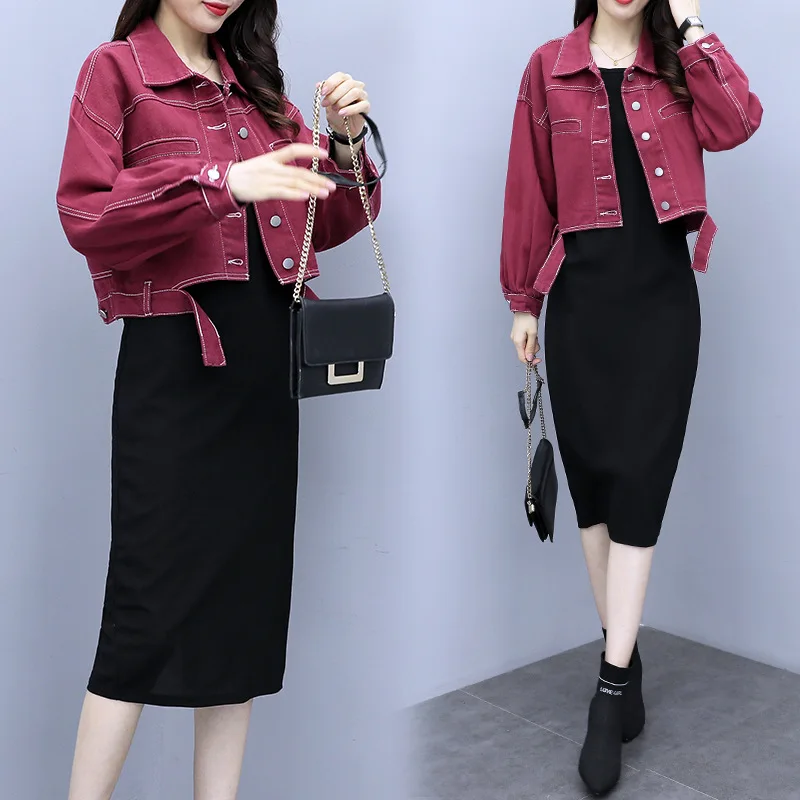 

2020 Spring New Style Fashion Korean-style Large Size Dress Slimming Vest Dress Short Jeans Coat Two-Piece Set