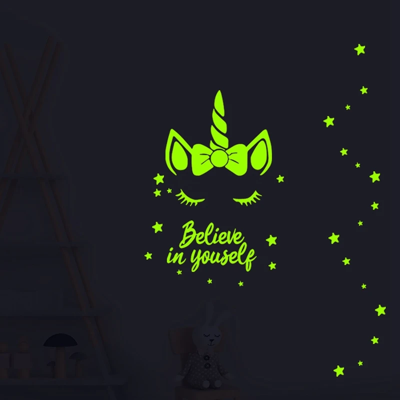 Belive In Yourself Luminous Stickers Cartoon Unicorn Horse Living Room Bedroom Bathroom Fluorescent Wall Sticker Gift For Kids