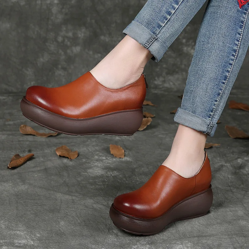 

2019 Genuine Leather Platform Women Sneakers Round Head Woman Shoes Thick Bottom Wedges Heels Handmade Leather Shoes