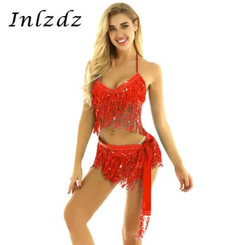 

Womens Shiny Pole Dance Costume Set Sequin Tassels Halter Neck and Back Tie Up Bra Top with Hip Scarf Wrap Skirts Rave Clothes
