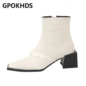 

GPOKHDS 2021 women ankle boots Split leather zippers butterfly-knot boots winter short plush square toe high heels women boots