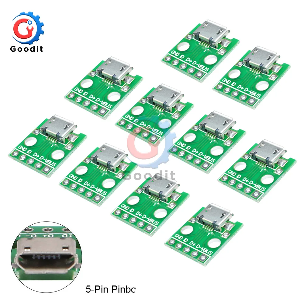 

10pcs MICRO USB To DIP Adapter 5pin Female Connector B Type PCB Converter Breadboard USB-01 Switch Board SMT Mother Seat
