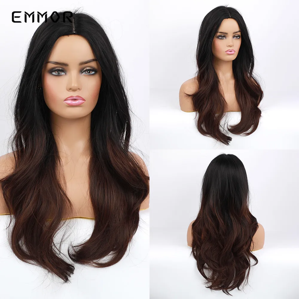 

EMMOR Long Wavy Black to Brown Ombre Hair Wig for Black White Women Daily Use Natural fluffy Synthetic Party Cosplay Wigs