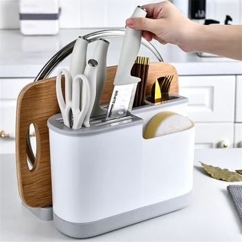 

Multi Grids Knife Block Stand Pot Cover Holder Tableware Storage Box Case Chopsticks Forks Kitchen Organizer Rack Shelf Tools