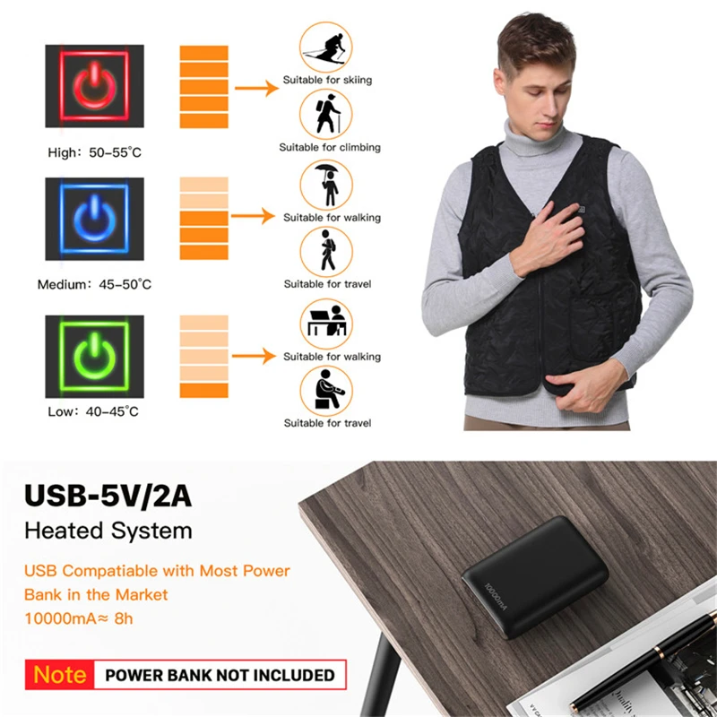 Vinmori Мужская САМОНАГРЕВАЮЩАЯСЯ Vest-5V без батареи Размер-молния Adjuestabl Usb зарядка зимний теплый открытый спортивный жилет