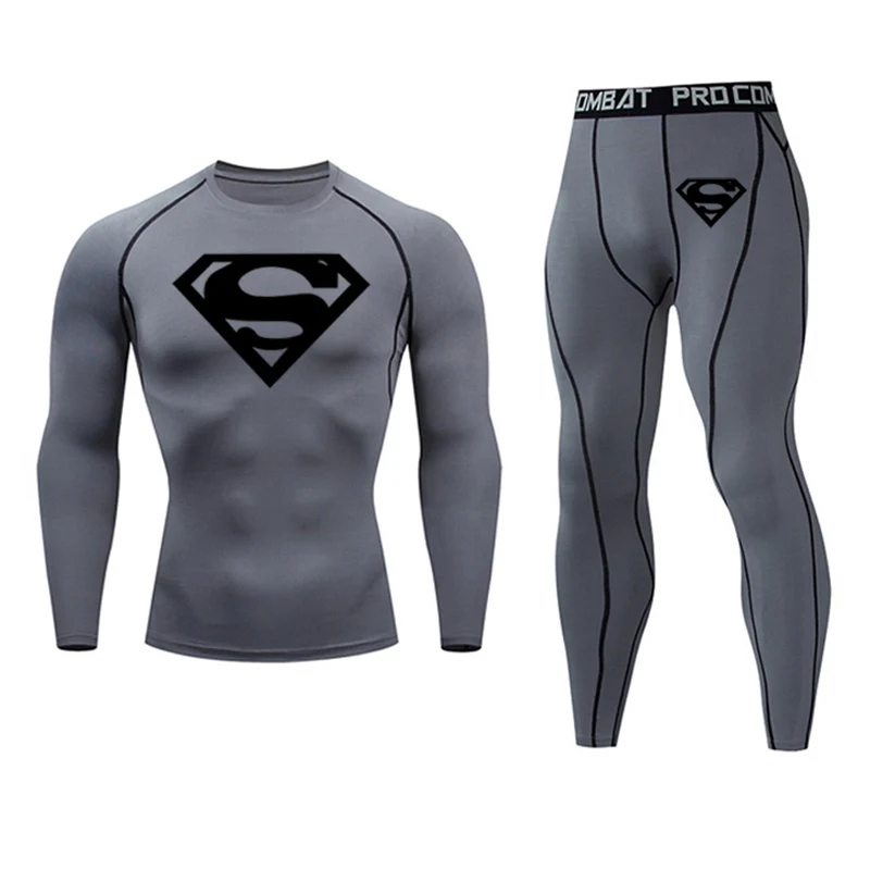 Мужское термобелье с суперменом, кальсоны, зимнее термобелье, базовый слой, Мужские Спортивные Компрессионные рубашки с длинным рукавом - Цвет: sets2