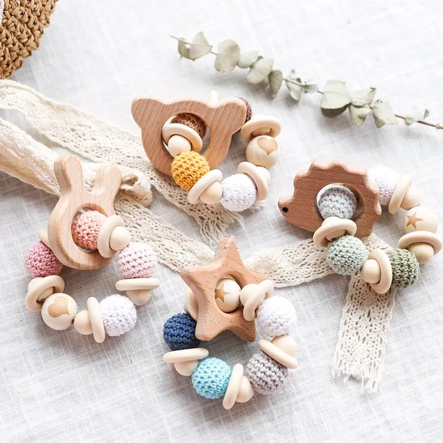 1PC Wooden Teether Cartoon Animal Baby Bracelet Crochet Beads Wood Crafts Ring Engraved Beads Baby Teether Wooden Toys Product 1