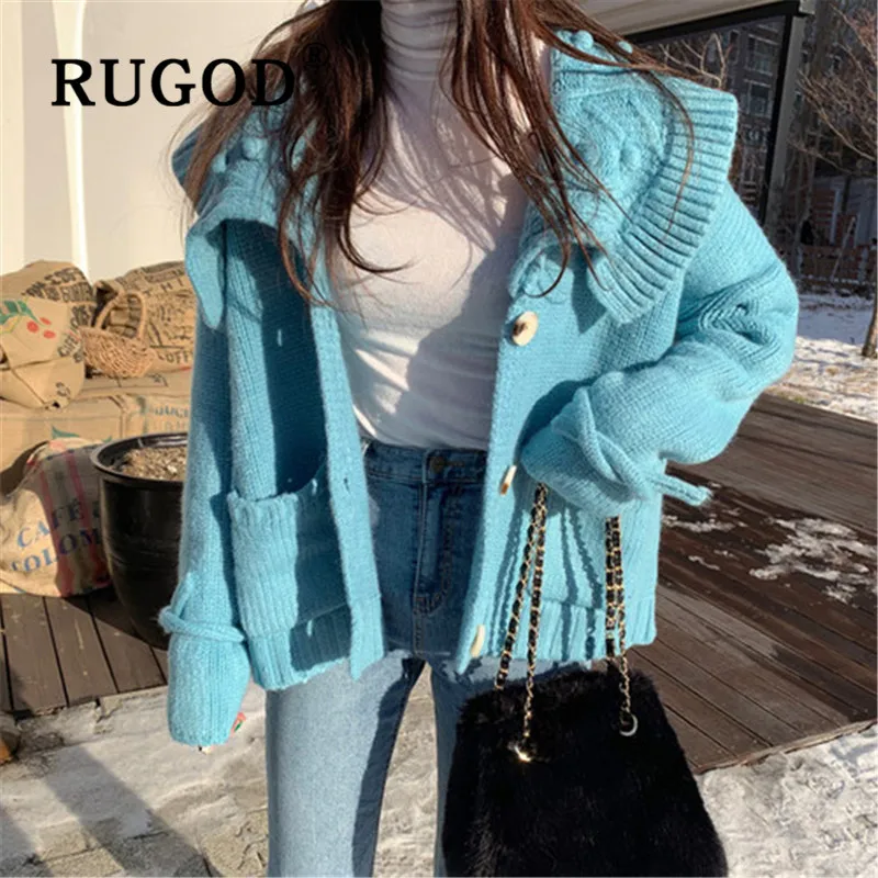 RUGOD, Новое поступление, зимний теплый женский свитер, кардиганы, отложной воротник, с меховым помпоном, свободное, толстое, вязаное пальто, Модный женский топ
