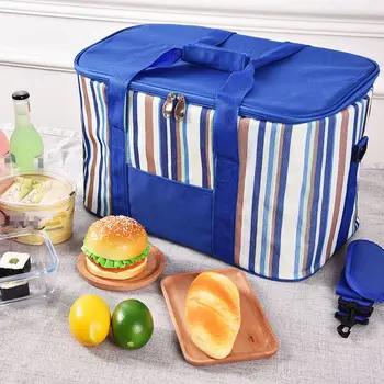

Large Cooler Bag Blue Stripped Thermal Bags Ice Box Portable Picnic Ice Pack Food Drink Insulated Bags Aluminium Foil Picnic Bag