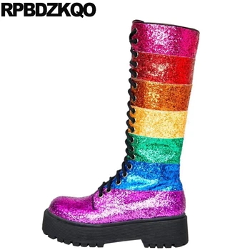 

Patchwork Flatform Bling Glitter 2019 Big Size Sparkly Side Zip Boots Muffin Shoes Harajuku 10 Knee High Women Sequin Lace Up