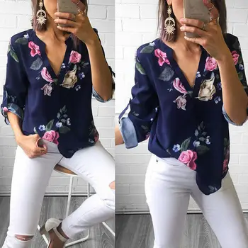 

Summer Women Casual Tops Long Sleeve V Neck Floral Shirt Ladies Autumn Floral Shirts