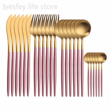 

18/10 Stainless Steel Dinnerware Tableware Cutlery Set Matte Pink Gold Cutlery Set 24 Piece Kitchen Fork Knife Spoon Dinner Set
