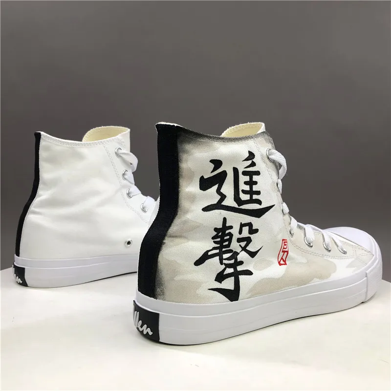 Wen Design ręcznie malowane buty Anime atak na tytana wysokie białe płótno tenisówki typu uniseks chłopiec buty deskorolkowe Sport Wen Design ręcznie malowane buty Anime atak na tytana wysokie białe płótno tenisówki typu uniseks chłopiec buty deskorolkowe Sport
