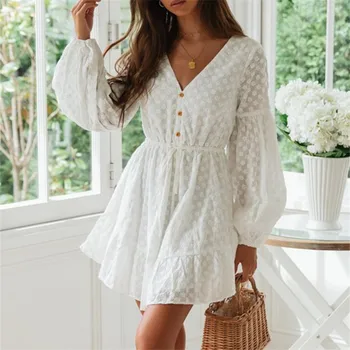 

Tosheiny 2020 Autumn Solid Color Long Lantern Sleeve Women Mini Dresses Deep V Neck Flower Embroidered Women Dresses MT010