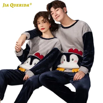 

Winter Warm New Soft Solid Long Sleeve Long Pants Sleepwear Fashion Style Flannel Pijamas Man and Woman Couple Cartoon Printing