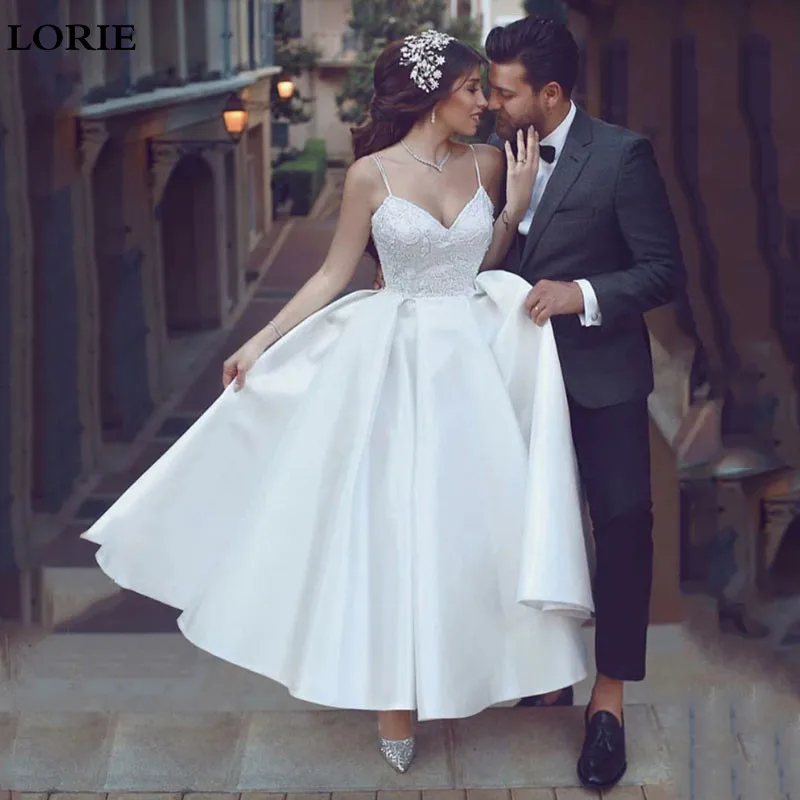 LORIE Boho Короткое свадебное платье атласное на бретельках с трапециевидной