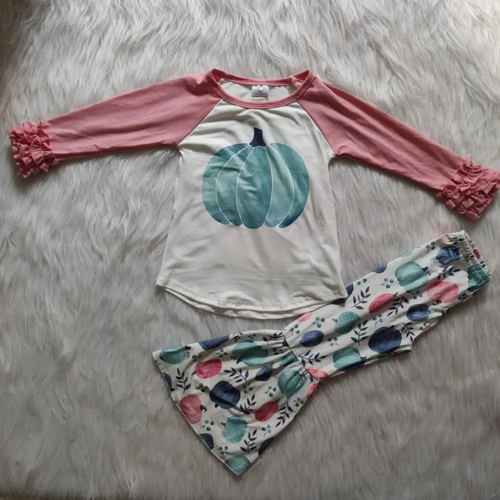 

baby girls fall long icing ruffle sleeve pumpkin design bell bottom pants boutique outfits kids clothing sets