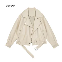 FTLZZ 2021 New Spring Women Pu Leather Motorcycle Jacket Female With Belt Solid Color Jackets Ladys Loose Casual Jacket
