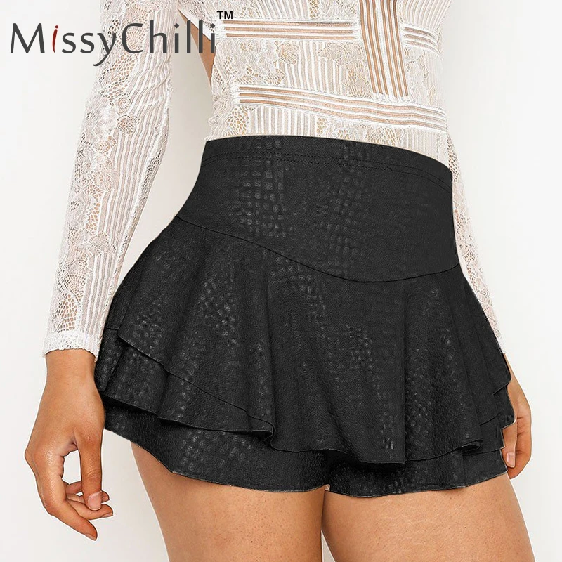 MissyChilli/короткая юбка из искусственной кожи с оборками; юбка-брюки; пикантная черная кожаная юбка с высокой талией; вечерние Клубные женские юбки; сезон осень-зима