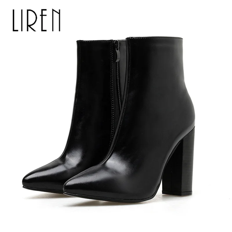 

Liren 2019 Spring/Autumn PU Women Ankle Zip Boots Pointed Toe High Square Heels Comfortable Warm Lady Boots Zip Lady Ankle Boots