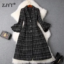 Подиумные дизайнерские зимние твидовые шерстяные куртки и пальто для женщин модные новые длинные клетчатые шерстяные пальто с расклешенными рукавами верхняя одежда